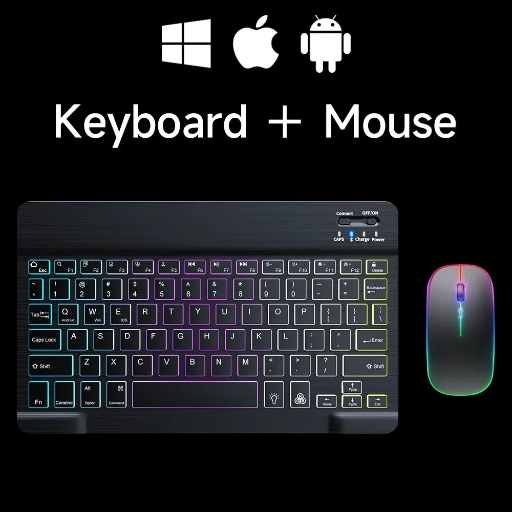 teclado bluetooth retroiluminado RGB mini de 10 polegadas com mouse sem fio recarregável compatível com idiomas espanhol, russo, hebraico, coreano, francês, árabe e português