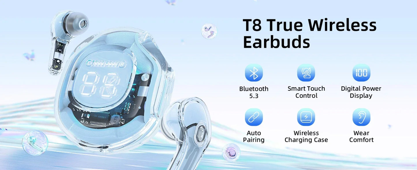 t8 pro tws fones bluetooth transparentes com display digital led fones intra-auriculares