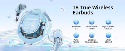 t8 pro tws fones bluetooth transparentes com display digital led fones intra-auriculares