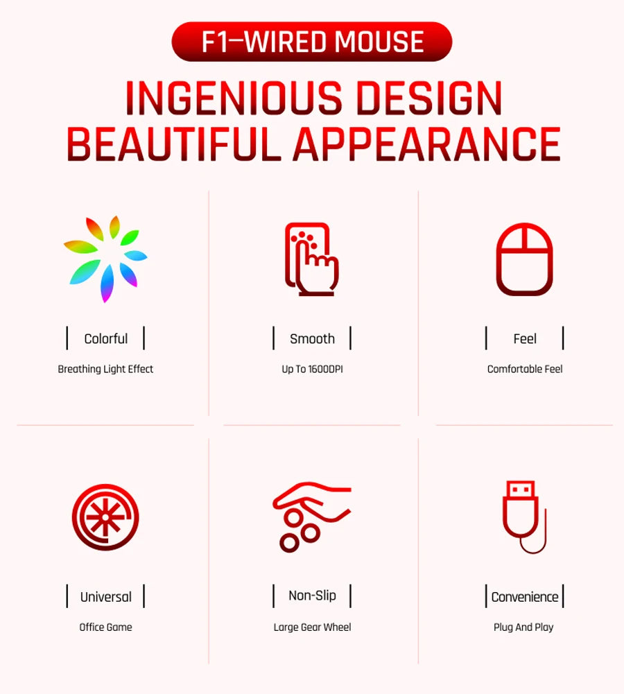 mouse com fio F1 de 3 botões iluminação colorida para jogos e escritório compatível com sistemas Microsoft Windows e Apple iOS