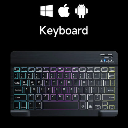 teclado bluetooth retroiluminado RGB mini de 10 polegadas com mouse sem fio recarregável compatível com idiomas espanhol, russo, hebraico, coreano, francês, árabe e português