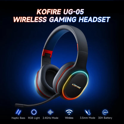 Fones de Ouvido Gamer Kofire UG-05 Headset Sem Fio 2.4G BT5.0 com Microfone, Luz RGB, Vibração, Fone Bluetooth para PS4 PS5 PC Switch