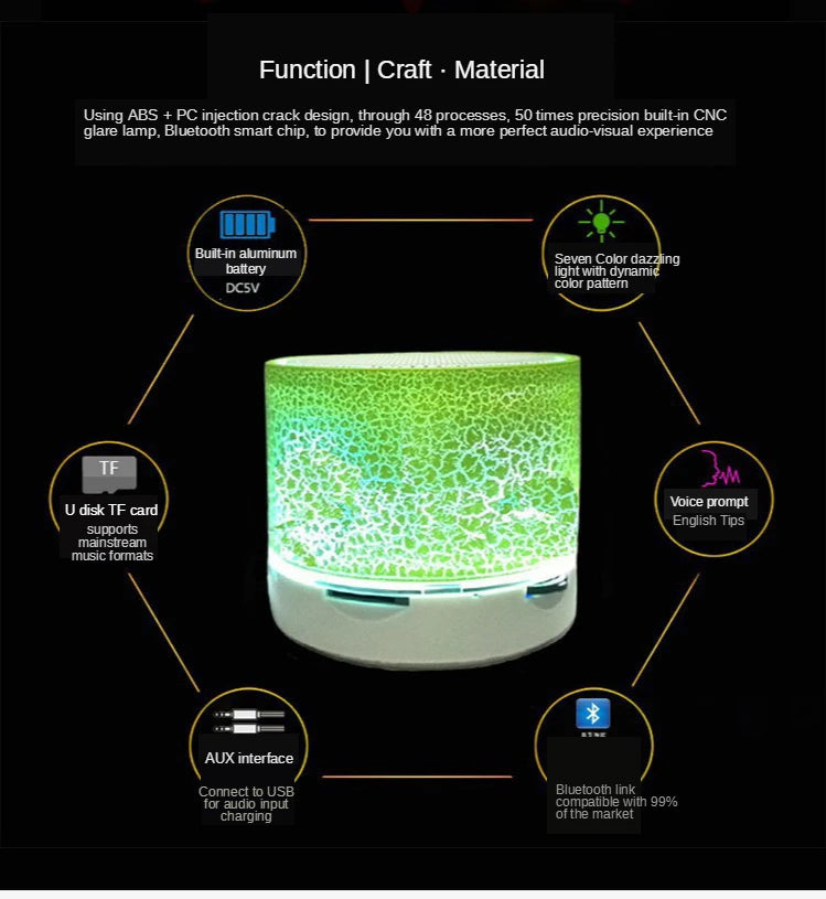 A9 Caixa de Som Bluetooth Sem Fio Colorida e Deslumbrante Mini Portátil para Exteriores Subwoofer Caixa de Som Musical para Celular Cartão TF PC