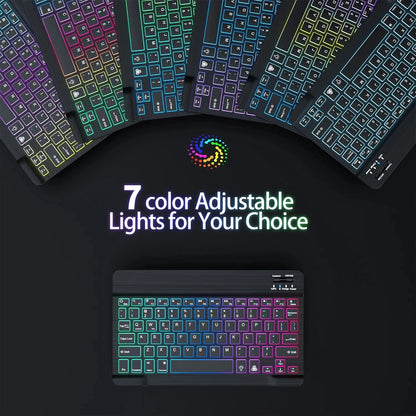 teclado bluetooth retroiluminado RGB mini de 10 polegadas com mouse sem fio recarregável compatível com idiomas espanhol, russo, hebraico, coreano, francês, árabe e português