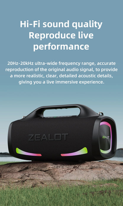 ZEALOT-S79 Alto-falante Portátil para Festas com Bluetooth 5.2, Alça de Transporte, 24 Horas de Reprodução – Ideal para Festas e Camping