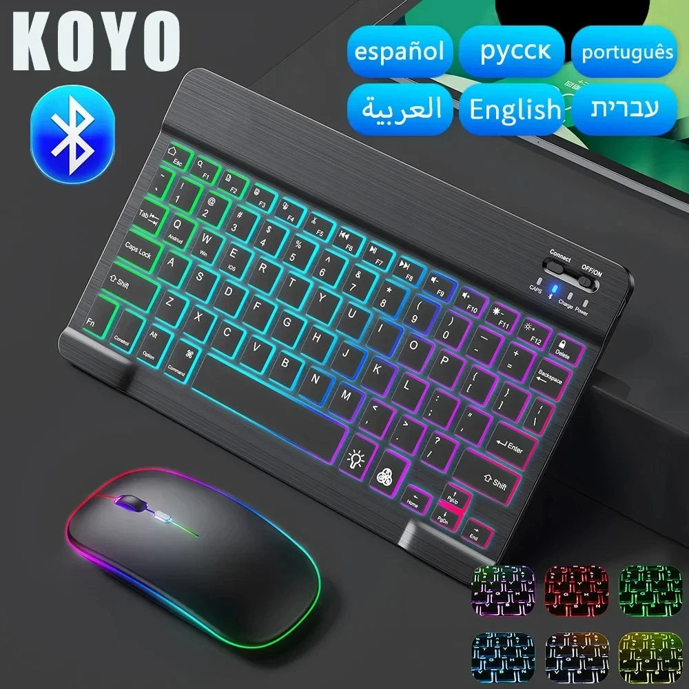 teclado bluetooth retroiluminado RGB mini de 10 polegadas com mouse sem fio recarregável compatível com idiomas espanhol, russo, hebraico, coreano, francês, árabe e português