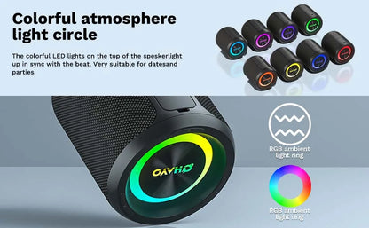 ohayo x3 alto-falante bluetooth portátil 40w, alto-falante sem fio à prova d'água ipx7 com luzes coloridas, entrada tf card/aux, para camping e caminhada